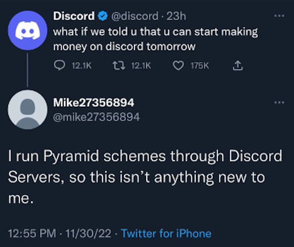 people caught doing illegal stuff - Discord - 8 Discord . 23h what if we told u that u can start making money on discord tomorrow Mike27356894 I run Pyramid schemes through Discord Servers, so this isn't anything new to me. 113022 Twitter for iPhone