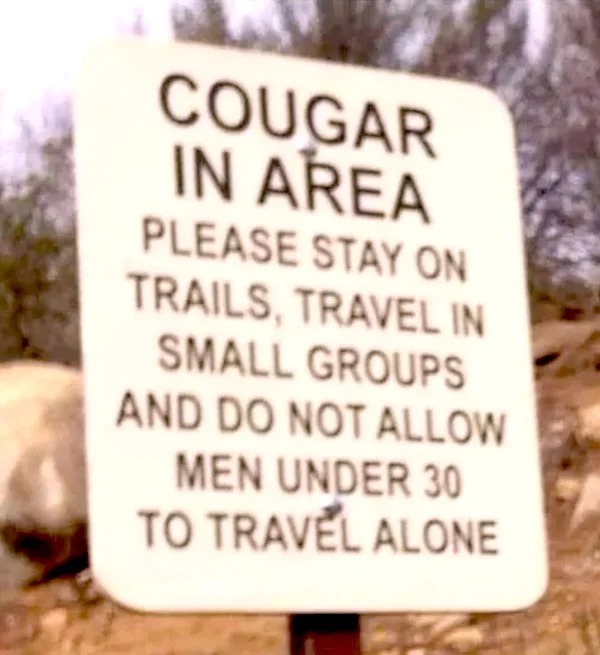 spicy sex meems - sign - Cougar In Area Please Stay On Trails, Travel In Small Groups And Do Not Allow Men Under 30 To Travel Alone