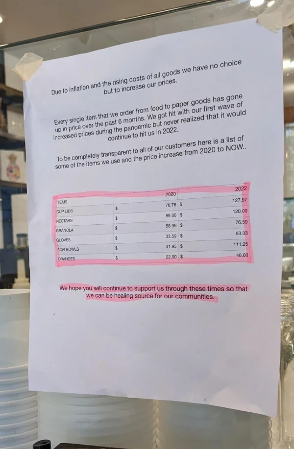 “This restaurant publicly shows the prices of their bulk items to explain why they’ve had to increase prices.”