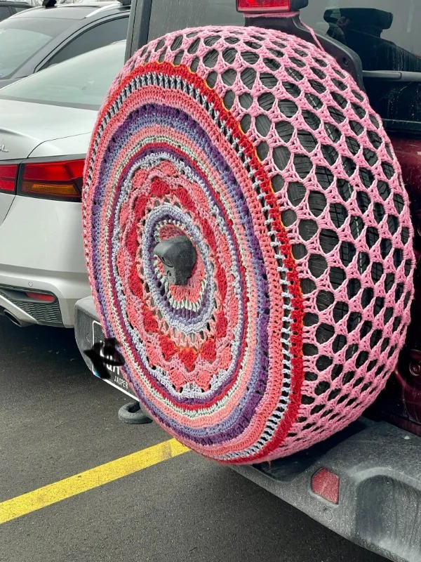 Someone crocheted a tire cover.