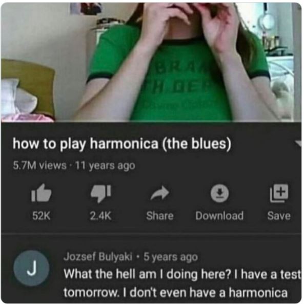 funny comments - photo caption - how to play harmonica the blues 5.7M views 11 years ago 52K J Bra Th Der Download Save Jozsef Bulyaki 5 years ago . What the hell am I doing here? I have a test tomorrow. I don't even have a harmonica
