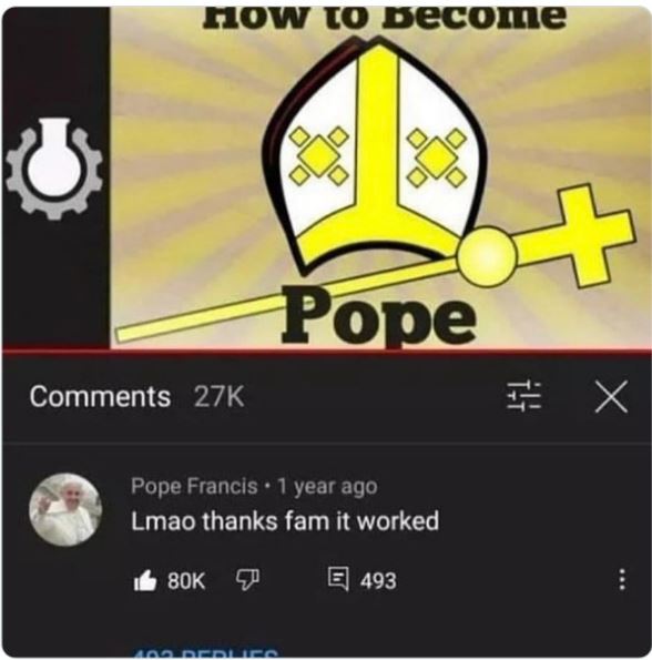 funny comments - cgp grey how to become pope - G How to become 27K Pope Francis 1 year ago Lmao thanks fam it worked 80K Pope 400 Replies 493 X