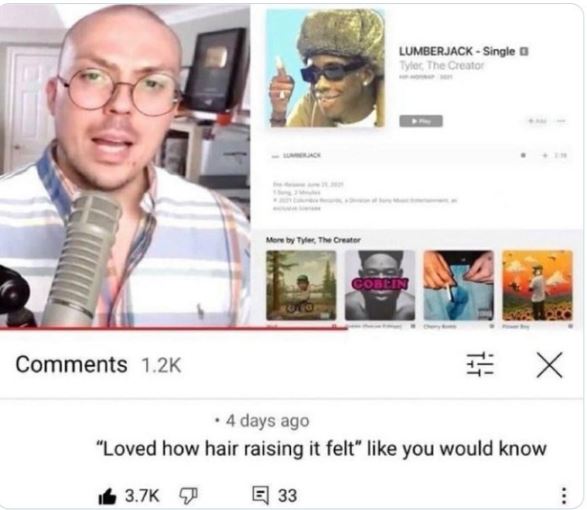 funny comments - loved how hair raising it felt - More by Tyler, The Creator Lumberjack Single Tyler, The Creator 33 Cobein 4 days ago "Loved how hair raising it felt" you would know X