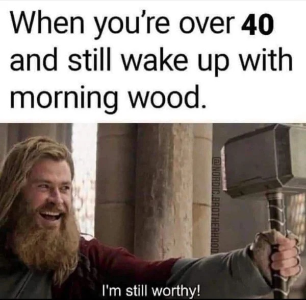 i m still worthy meme - When you're over 40 and still wake up with morning wood. I'm still worthy!