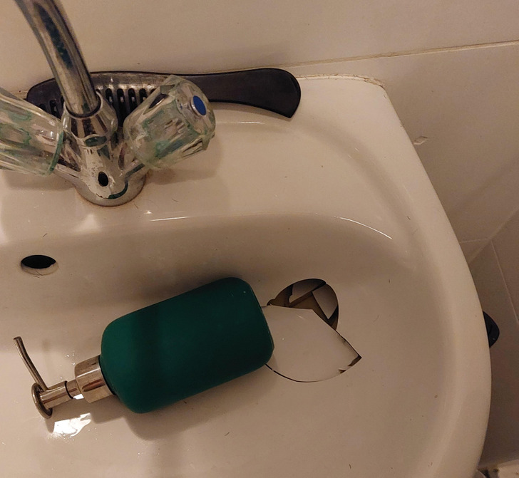 “Guess my sink couldn’t handle a ceramic soap dispenser falling from a few inches high.”