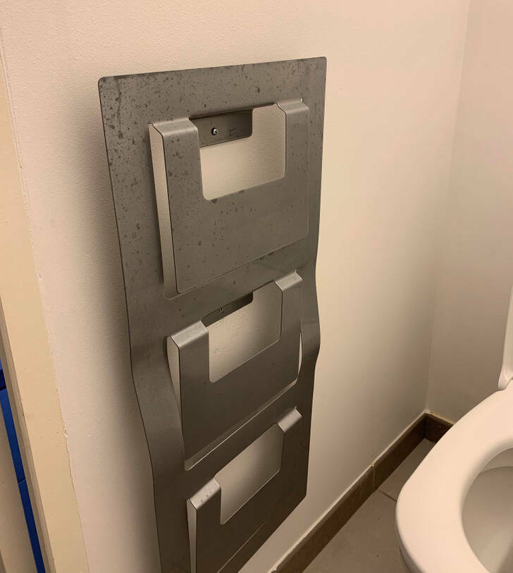 “This metal piece is attached to the wall in a WC in my Airbnb in France.”

“It’s a magazine rack installed upside down...”