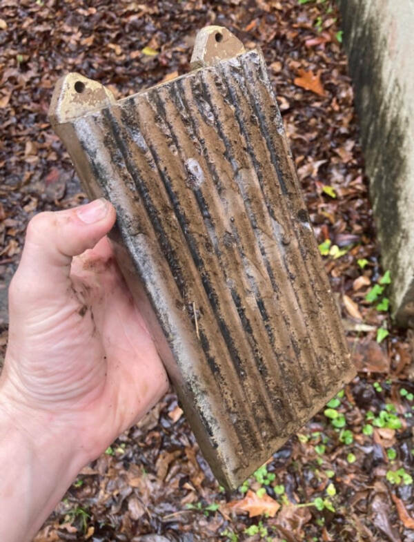 “10” x 6″ fired clay, ~3lbs. mounting brackets on one side only, cavities run through the length of it.”

“This is a heating element section for a kiln.”