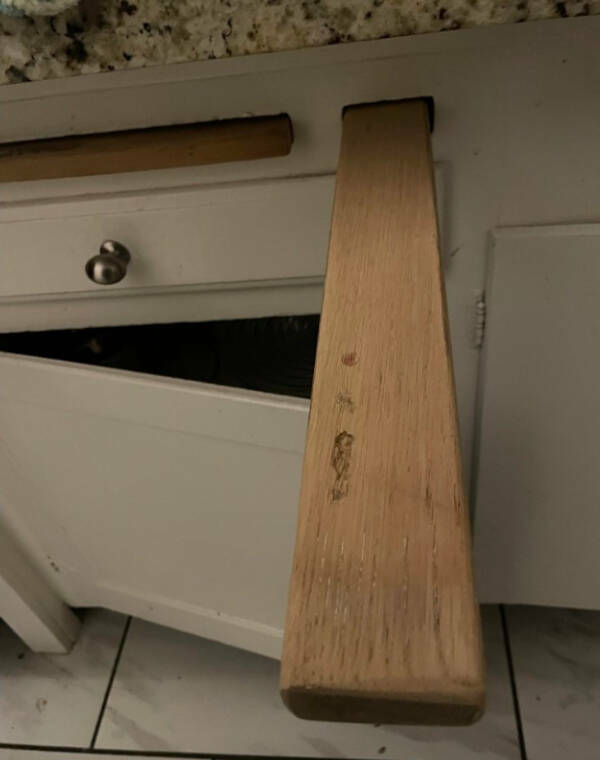 “Anyone have any idea as to what this long narrow board is supposed to be? Found in a kitchen of an older apartment.”

“Usually to clamp something onto — like a meat grinder.”