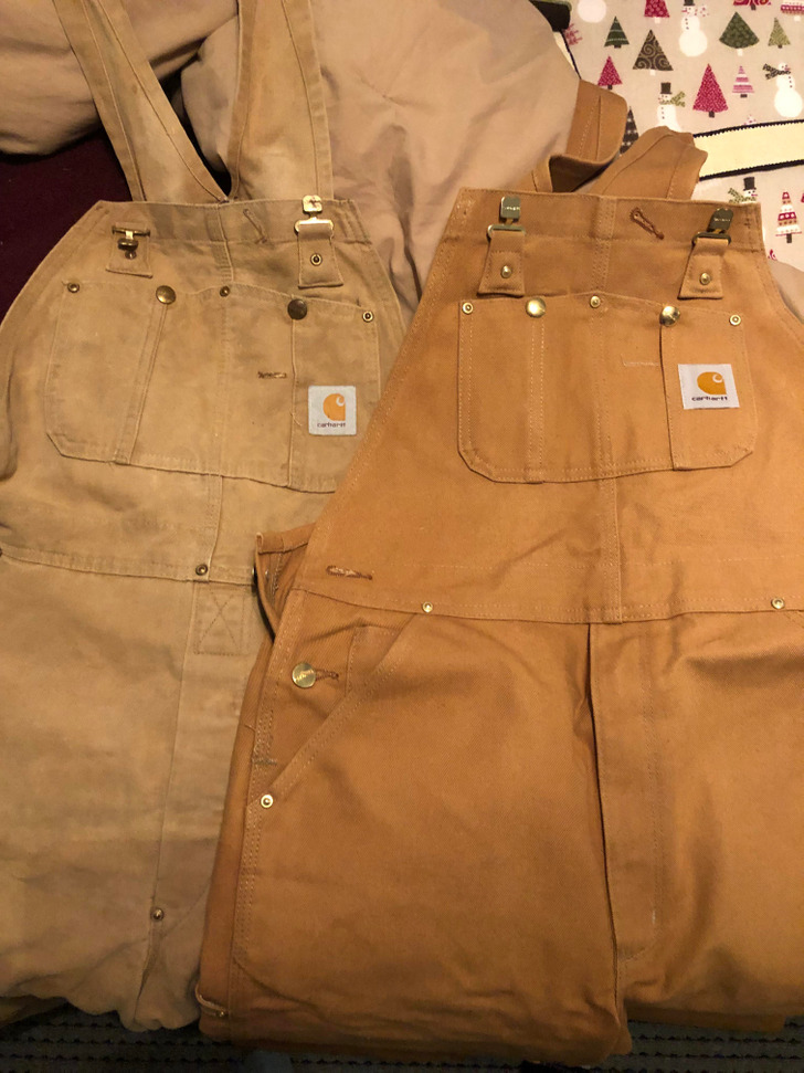 “My dad’s bibs from the early ’90s, next to my new pair.”
