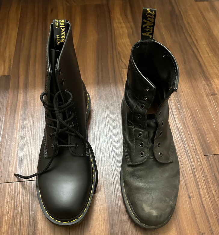 “After four hard years, I finally got a new pair. Wore the leather out and wore the soles completely smooth.”
