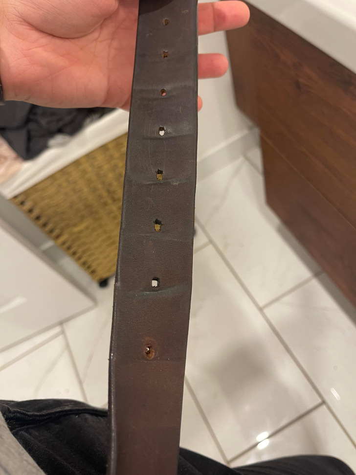 “The only progress photo that matters. My nearly 10-year-old leather belt has seen many phases of my life and many more to come.”