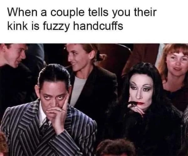 spicy sex memes - photo caption - When a couple tells you their kink is fuzzy handcuffs