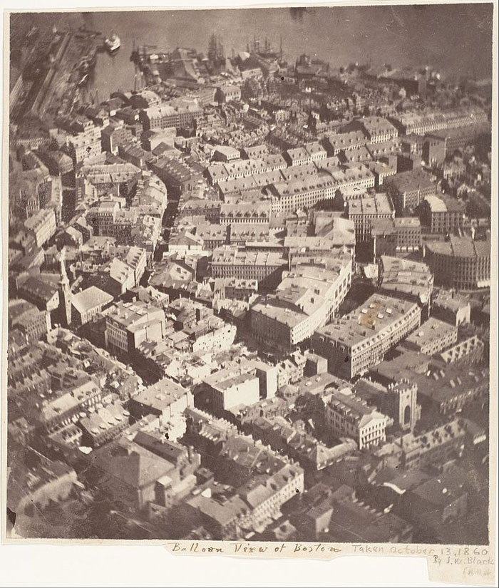 In 1860, long before drones were even an idea in some tech genius’ mind, the first aerial photo was snapped from a hot air balloon. It shows the city of Boston from a bird’s-eye view, 2,000 feet up. The artist behind the lens, James Wallace Black, named it “Boston, as the Eagle and the Wild Goose See It.”
