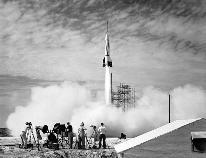 In July 1950, NASA’s photographers captured the first-ever picture of a launch from Cape Canaveral. The rocket, named “Bumper 2,” was a two-part machine made up of a V-2 missile and a WAC Corporal rocket. The photo also features other photographers lined up and ready to snap their own shots of the exciting event.