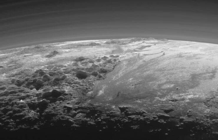 "This is a picture of the ice mountains of Pluto as seen from the New Horizons space probe:"
