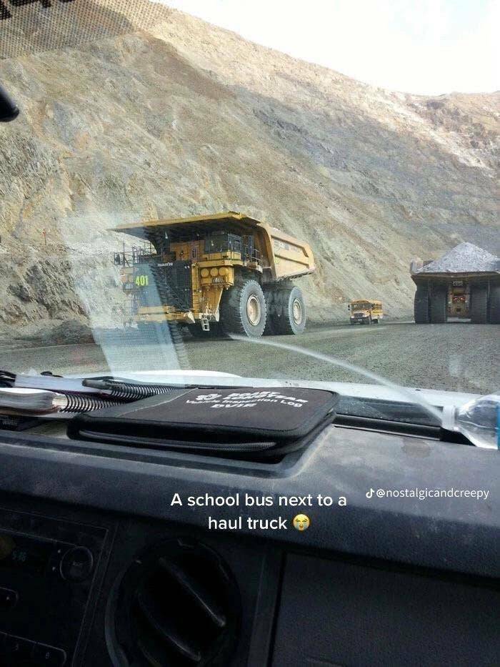 "A school bus looks like a tiny little baby next to a haul truck:"
