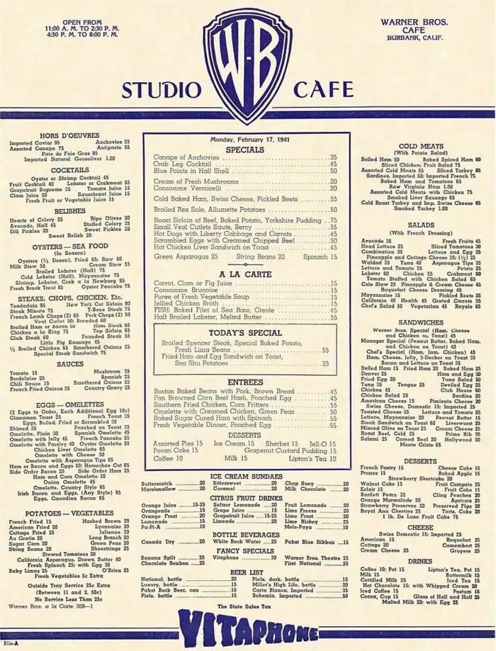 "This right here is the Warner Bros. Studio Cafe menu from February 1941. It's a very "1941" menu:"