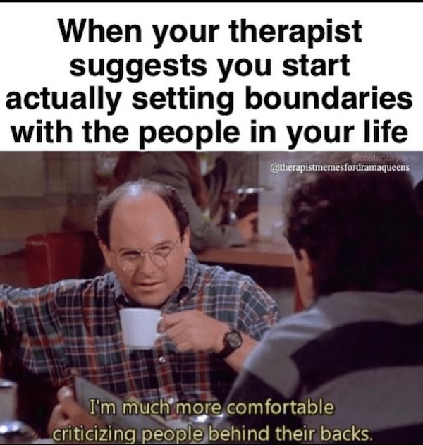 relatable memes - photo caption - When your therapist suggests you start actually setting boundaries with the people in your life I'm much more comfortable criticizing people behind their backs.
