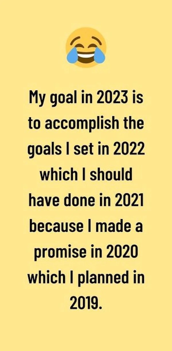 funny memes - new year 2023 memes - My goal in 2023 is to accomplish the goals I set in 2022 which I should have done in 2021 because I made a promise in 2020 which I planned in 2019.