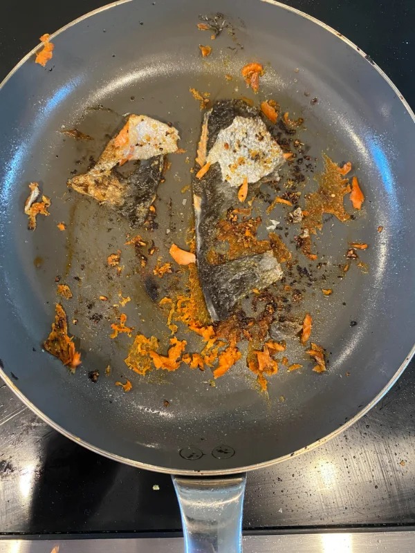 “Salmon stuck to my new $200 non stick pan”