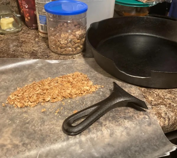 “Tried to crush some peanuts with my cast iron pan .”