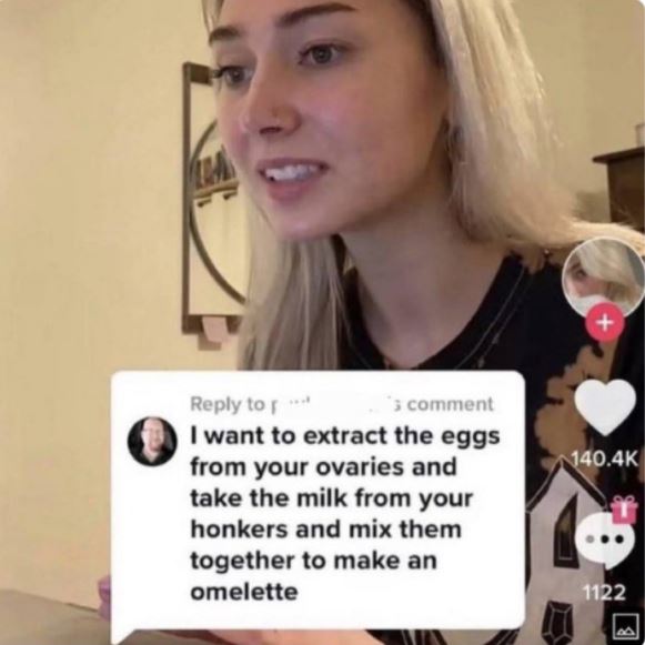 Creepy Posts - blond - to 's comment I want to extract the eggs from your ovaries and take the milk from your honkers and mix them together to make an omelette 1122
