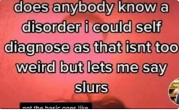 Creepy Posts - does anybody know a disorder i could self diagnose as that isn t too weird but lets me say slurs - does anybody know a disorder i could self diagnose as that isnt too weird but lets me say slurs not the hacie anne lika
