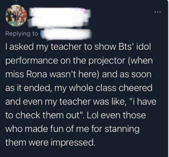 Creepy Posts - food revolution - I asked my teacher to show Bts' idol performance on the projector when miss Rona wasn't here and as soon as it ended, my whole class cheered and even my teacher was ,