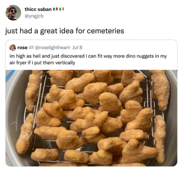 funniest tweets of the week - dino nuggets air fryer vertical - thicc saban just had a great idea for cemeteries rose Jul 8 im high as hell and just discovered i can fit way more dino nuggets in my air fryer if i put them vertically