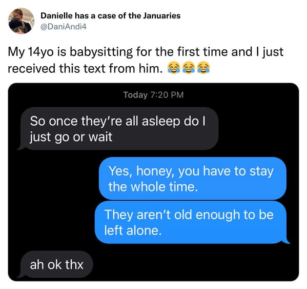 funniest tweets of the week - babysitting funny - Danielle has a case of the Januaries My 14yo is babysitting for the first time and I just received this text from him. Today So once they're all asleep do I just go or wait ah ok thx Yes, honey, you have t