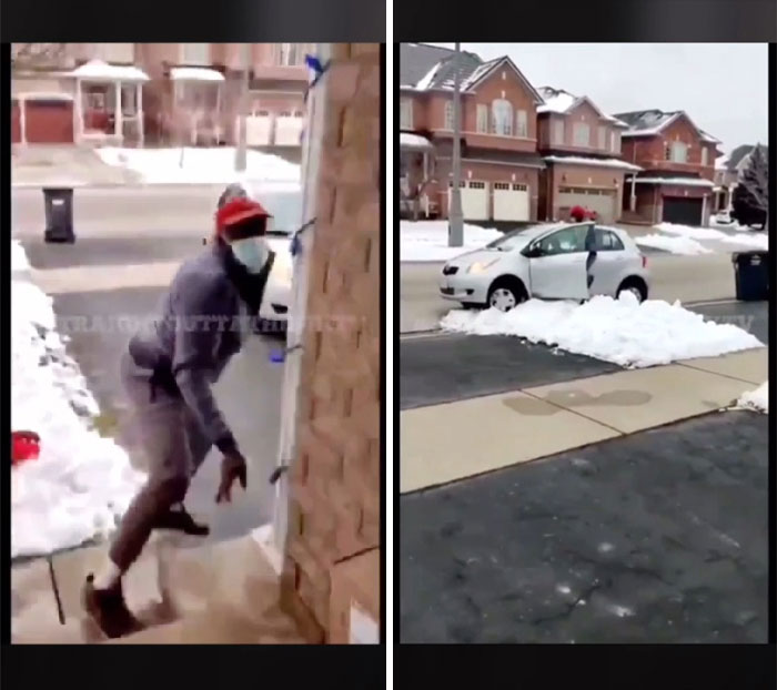 Guy Attempts To Steal Package But Gets Caught. When He Drives Away His Car Gets Stuck In Snow