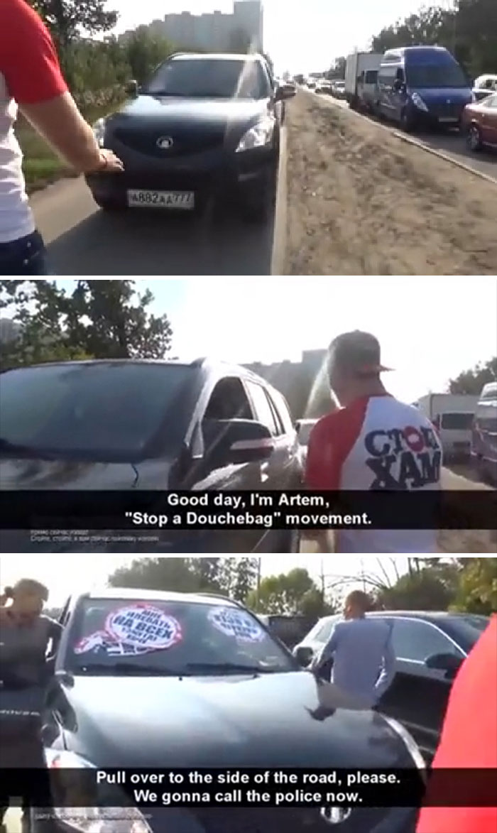 Driver Tries To Avoid Traffic By Driving On The Sidewalk. Meet A Bunch Of Gents That Teach Him A Lesson