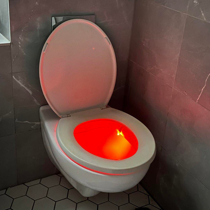 “We were given a toilet light but it’s stuck on red which is the most terrifying color to have glowing from your toilet.”