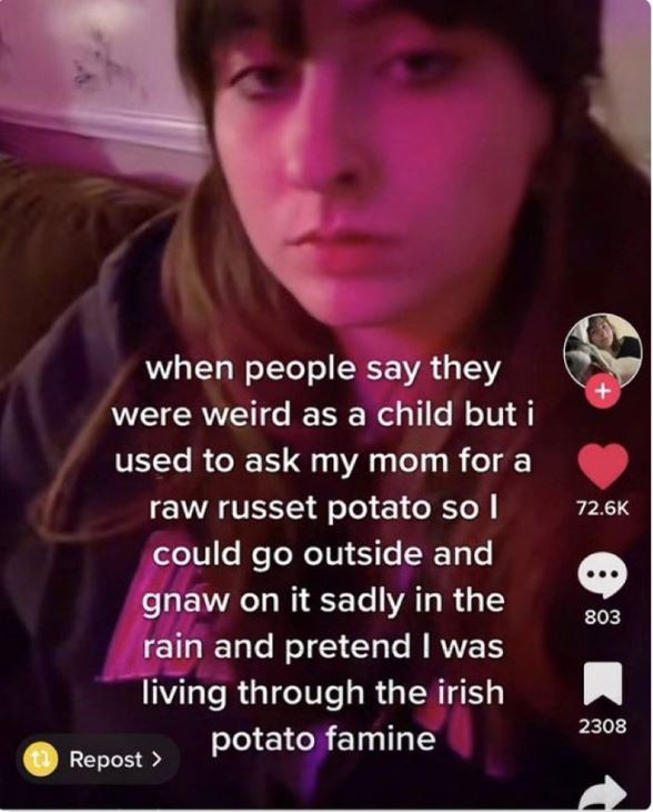 wild tiktok screenshots - photo caption - when people say they were weird as a child but i used to ask my mom for a raw russet potato so I could go outside and gnaw on it sadly in the rain and pretend I was living through the irish potato famine tRepost >