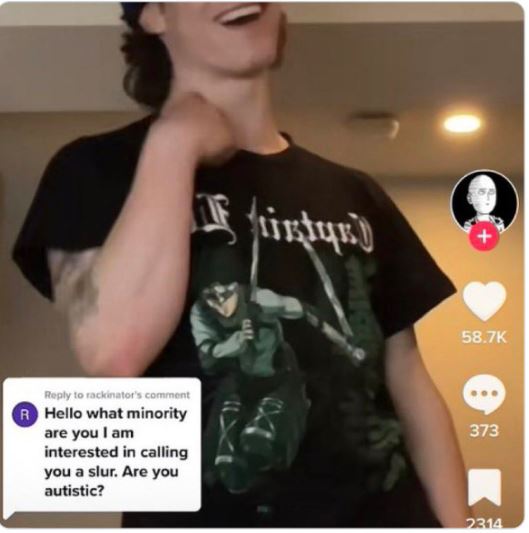 wild tiktok screenshots - t shirt - to rackinator's comment R Hello what minority are you I am interested in calling you a slur. Are you autistic? rtys 373 2314