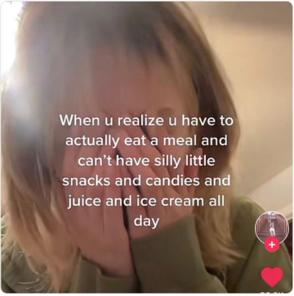 wild tiktok screenshots - photo caption - When u realize u have to actually eat a meal and can't have silly little snacks and candies and juice and ice cream all day