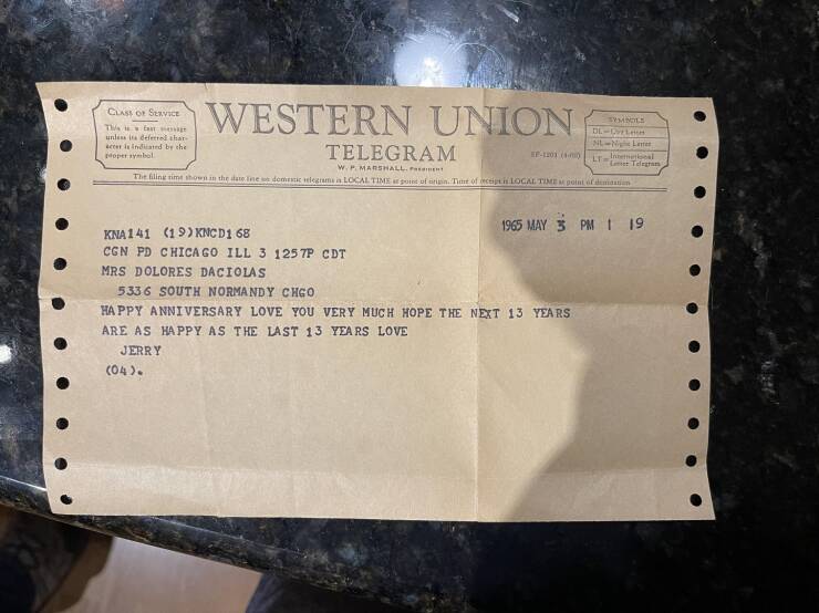 “This 57-year old telegram my grandpa sent my grandma”