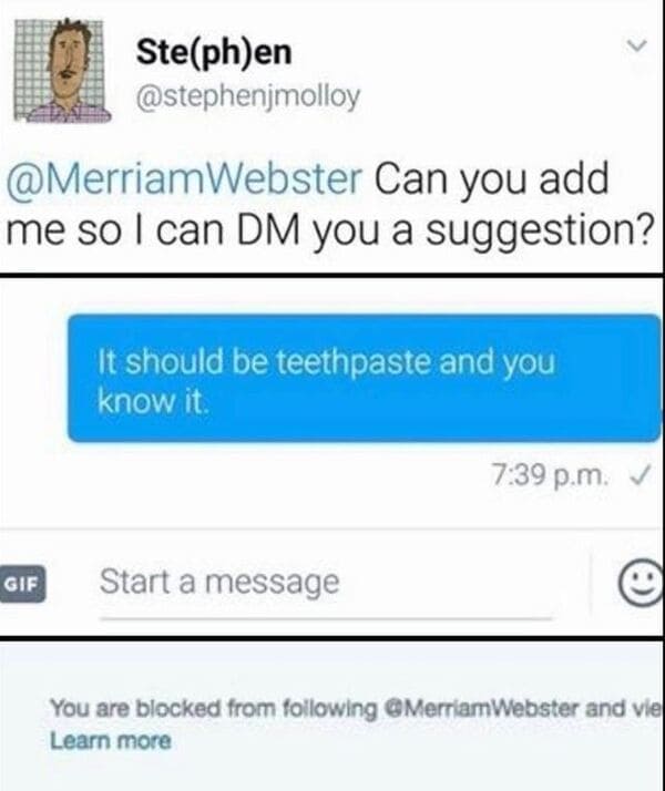savage comments - paper - Stephen Can you add me so I can Dm you a suggestion? Gif It should be teethpaste and you know it. Start a message p.m. You are blocked from ing Webster and vie Learn more