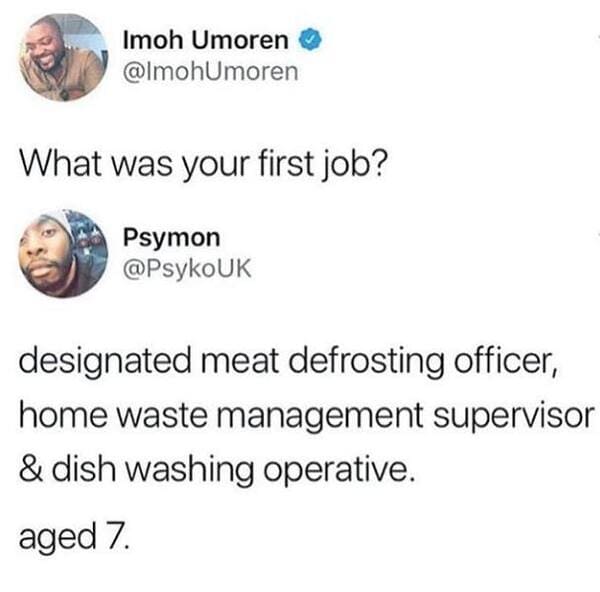 savage comments - girl im sensitive meme - Imoh Umoren What was your first job? Psymon designated meat defrosting officer, home waste management supervisor & dish washing operative. aged 7.