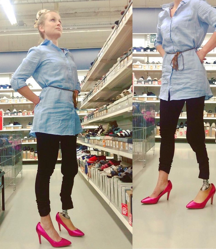 “Trying on heels for the first time with my leg prosthesis”