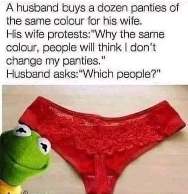 sex memes - panties memes - A husband buys a dozen panties of the same colour for his wife. His wife protests"Why the same colour, people will think I don't change my panties." Husband asks "Which people?"
