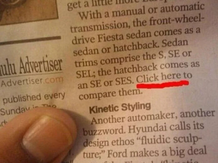 design fails -   newspaper fails - get a With a manual or automatic transmission, the frontwheel drive Fiesta sedan comes as a sedan or hatchback. Sedan ulu Advertiser trims comprise the S, Se or Advertiser.com Sel; the hatchback comes as an Se or Ses. Cl