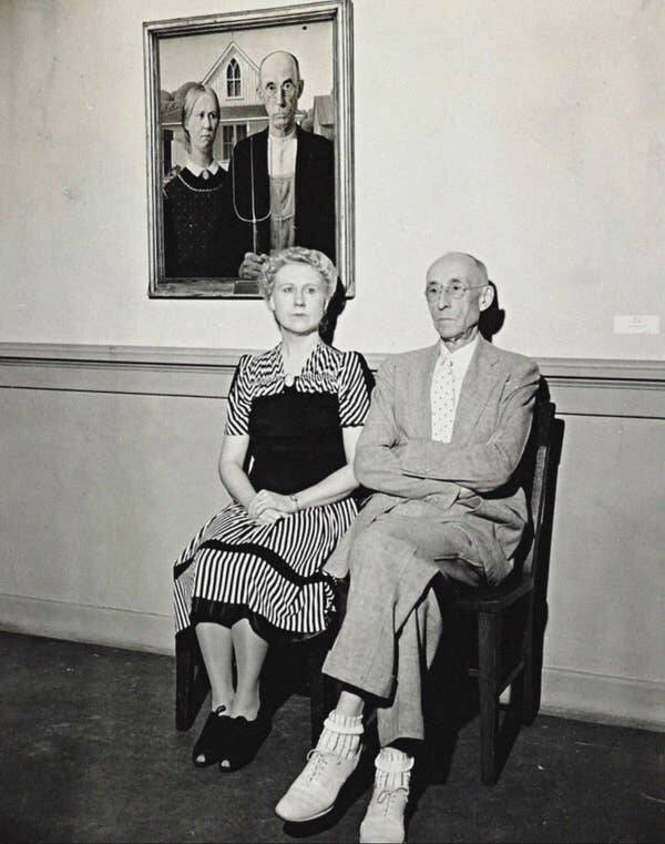 The two people depicted in Grant Wood's American Gothic actually exist. This is what they looked like:

And, actually, they're not a couple. It's the artist's sister and his dentist.