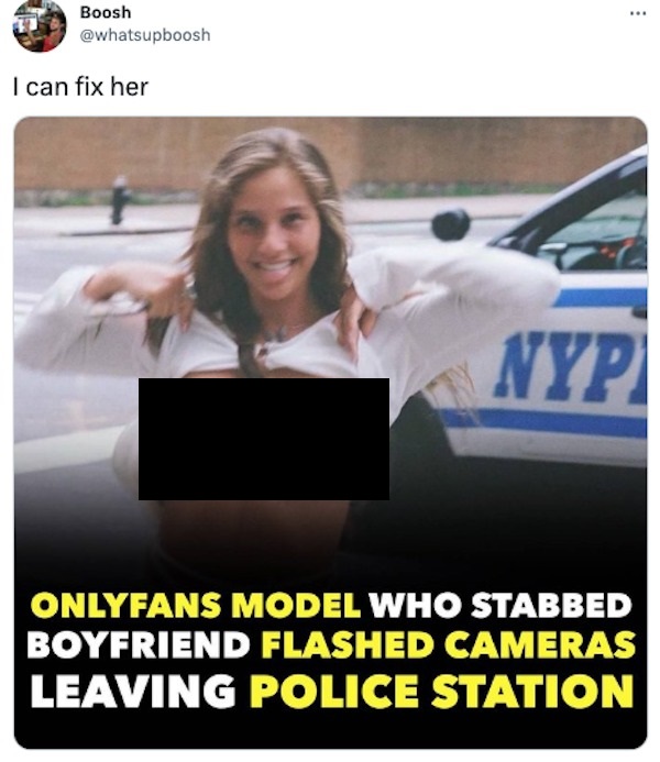photo caption - Boosh I can fix her Nyp Onlyfans Model Who Stabbed Boyfriend Flashed Cameras Leaving Police Station