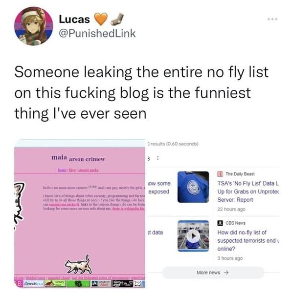 web page - Someone leaking the entire no fly list on this fucking blog is the funniest thing I've ever seen Brome Lucas Link maia arson crimew homeblowaniult.nocka hellom mais non crimin am gay, mostly for girls i know let's of things about cyber security
