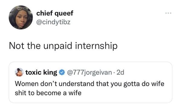 David Schwimmer - chief queef Not the unpaid internship toxic king . 2d Women don't understand that you gotta do wife shit to become a wife