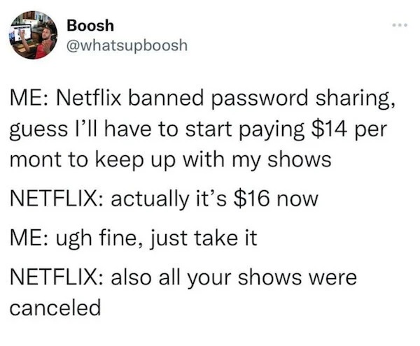 relatable memes - Boosh ... Me Netflix banned password sharing, guess I'll have to start paying $14 per mont to keep up with my shows Netflix actually it's $16 now Me ugh fine, just take it Netflix also all your shows were canceled