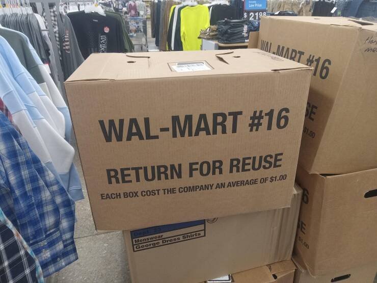 package delivery - We we fente Low Price 2198 Dept. 20 Menswear George Dress Shirts Walmart WalMart Return For Reuse Each Box Cost The Company An Average Of $1.00 Se $1.00 Se $1,00 Han me