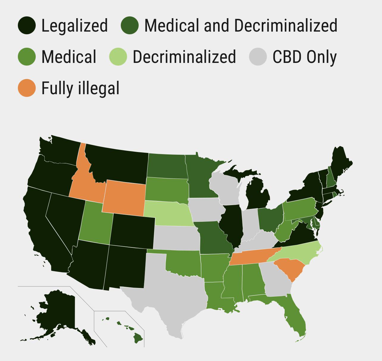 infographics and charts - legal marijuanas states - Legalized Medical Fully illegal Medical and Decriminalized Decriminalized Cbd Only