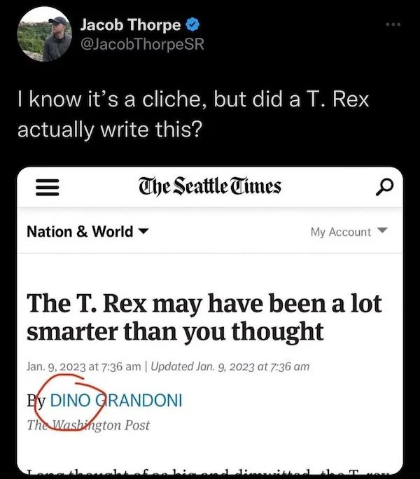 funny comments that were on point - screenshot - Jacob Thorpe I know it's a cliche, but did a T. Rex actually write this? Nation & World The Seattle Times My Account By Dino Grandoni The Washington Post The T. Rex may have been a lot smarter than you thou